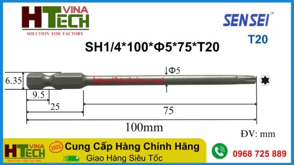 Thông số mũi Vít Hoa Thị SH14*100*Φ5.0*75*T20